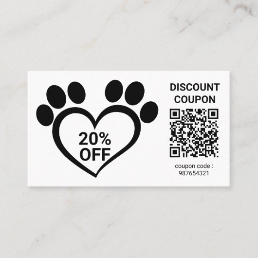 Korting Coupon QR Code Pet Paw Visitekaartje (Voorkant)