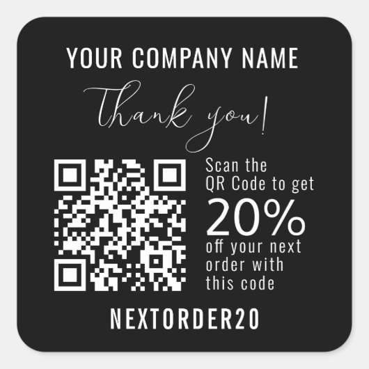 Korting Coupon QR Code Zakelijk Zwart Bedankt Vierkante Sticker (Voorkant)