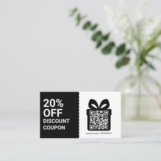 Korting Coupon QR Code Zwart Marketing Visitekaartje (Staand voorkant)