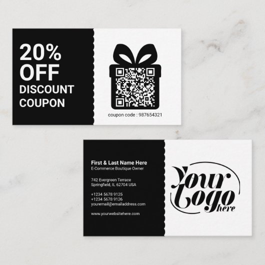 Korting Coupon QR Code Zwart Marketing Visitekaartje (Voorkant / Achterkant)