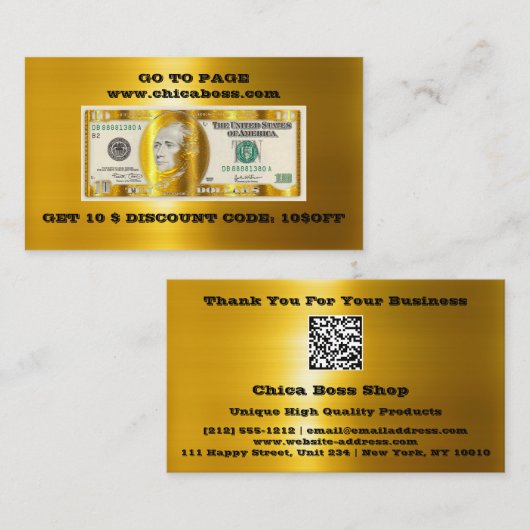 Korting invoegen Visitekaartje 10$ Gold QR Logo (Voorkant / Achterkant)