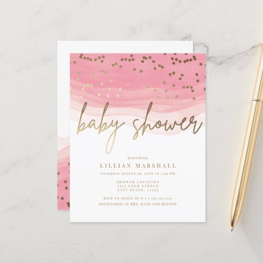 Korting roze Waterverf, Baby shower (Voorkant / Achterkant in situ)