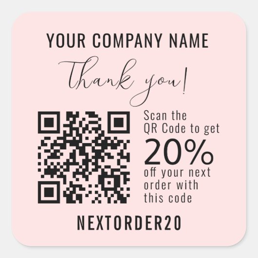 Kortingscoupon QR-code Zakelijk Roze Bedankt Vierkante Sticker (Voorkant)