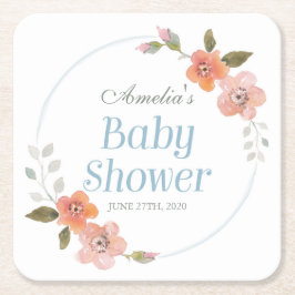 Kortstondig blauw Waterverf Floral Baby shower Kartonnen Onderzetters
