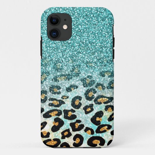 Kortstonige rode lichtblauwe faux glitter leopard Case-Mate iPhone case (Achterkant)