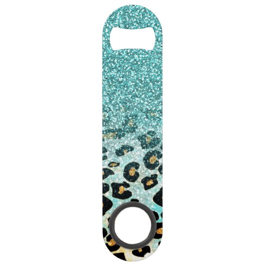 Kortstonige rode lichtblauwe faux glitter leopard speed flessenopener (Voorkant)