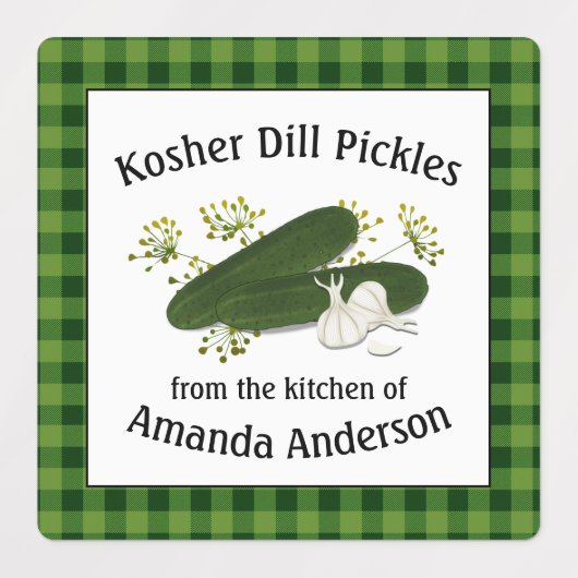 Kosher Dill Pickles Plaid Vierkant Etiket Labels (Design 1)