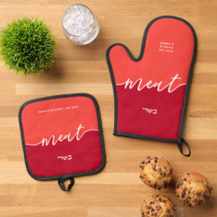 Kosher Kitchen Script Vlees met Hebreeuws Red Ovenwant & Pannenlap Set