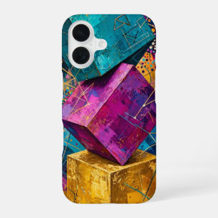 Kosmieke gestapelde kubussen - Teal Magenta Goud A iPhone 16 Hoesje