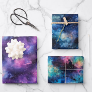 Kosmisch Aquarel Blauw Paars Sterrenstelsel Nevel Inpakpapier Vel