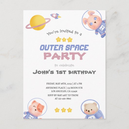 Kosmisch Avontuur: Outer Space Feest Briefkaart (Voorkant)
