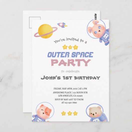 Kosmisch Avontuur: Outer Space Feestje Briefkaart (Voorkant / Achterkant)