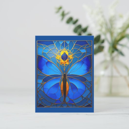 Kosmisch blauw Glazen in lood vlinder Briefkaart (Staand voorkant)