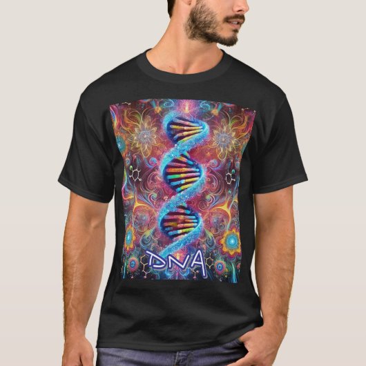 Kosmisch DNA: Levendig Psychedelisch Ontwerp/Zwart T-shirt (Voorkant)