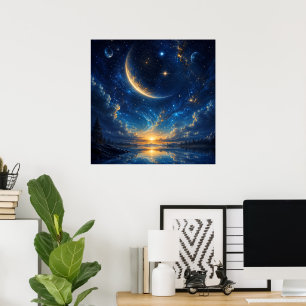 Kosmisch halvemaan-fantasielandschap — Blauw Goud Poster