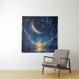 Kosmisch halvemaan-fantasielandschap — Blauw Goud Wandkleed