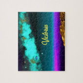 Kosmisch Paarse en Blauw Over Planet Naam Legpuzzel (Verticaal)