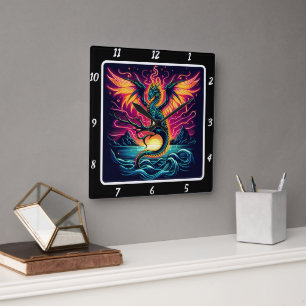 Kosmisch Storm Neon Dragon Vierkante Klok