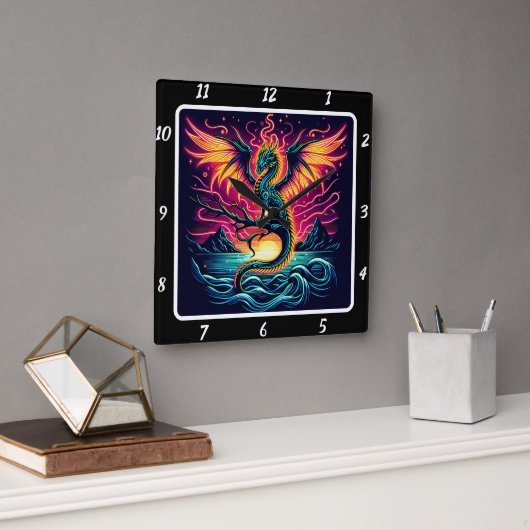 Kosmisch Storm Neon Dragon Vierkante Klok (Kantoor)