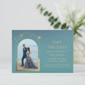 Kosmisch Teal Gouden Zon Maan Astronomie Ruimte Save The Date (Staand voorkant)