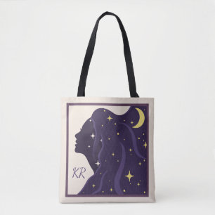 Kosmisch Universum Lady Paarse Gouden Sterren Pers Tote Bag