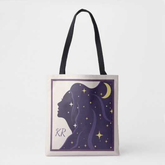 Kosmisch Universum Lady Paarse Gouden Sterren Pers Tote Bag (Voorkant)