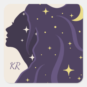 Kosmisch Universum Lady Paarse Gouden Sterren Pers Vierkante Sticker