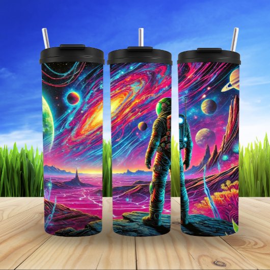 Kosmische astronaut in de surrealistische ruimte thermosbeker