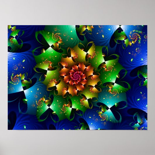 Kosmische Blau Lime Starburst Bloemrijke Fractal Poster (Voorkant)