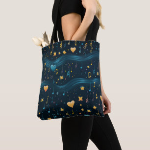 Kosmische blauwe en gouden grote muzikale boodscha tote bag