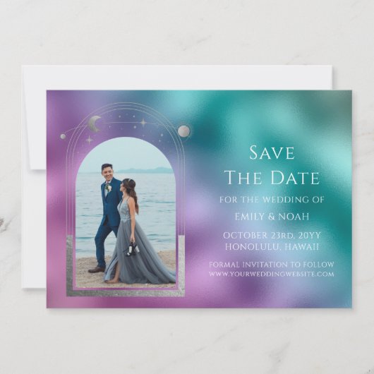 Kosmische Blauwgroen Paarse Zilveren Zon Maan Astr Save The Date (Voorkant)