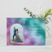 Kosmische Blauwgroen Paarse Zilveren Zon Maan Astr Save The Date (Staand voorkant)