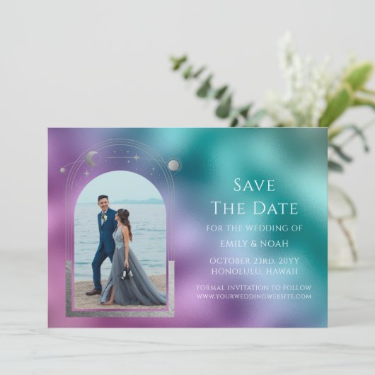Kosmische Blauwgroen Paarse Zilveren Zon Maan Astr Save The Date (Staand voorkant)
