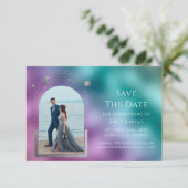 Kosmische Blauwgroen Paarse Zilveren Zon Maan Astr Save The Date (Staand voorkant)