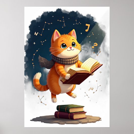 Kosmische Boekenwurm Kat Leest in de Ruimte Grappi Poster (Voorkant)