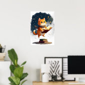 Kosmische Boekenwurm Kat Leest in de Ruimte Grappi Poster (Thuiskantoor)