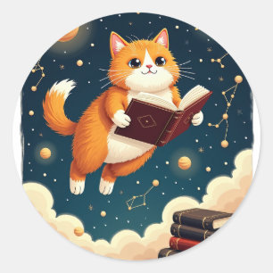 Kosmische Boekenwurm Kat Ruimte Lezen Sticker T-sh