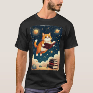 Kosmische Boekenwurm Kat Ruimte Lezen Sticker Tshi T-shirt
