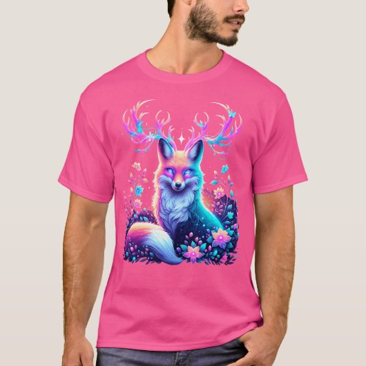 Kosmische Boho Fox met gloeiend gewei en bloemmole T-shirt (Voorkant)