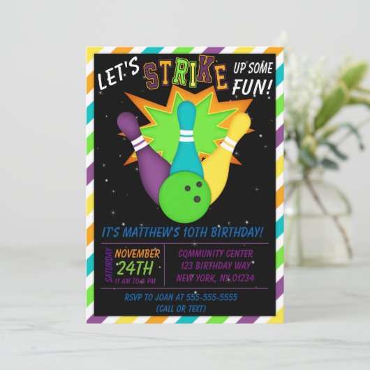 Kosmische Bowling Uitnodiging Jongen Verjaardagsfe (Staand voorkant)