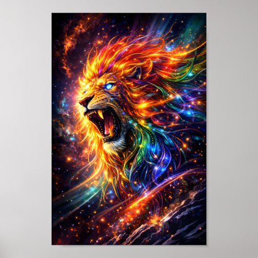 Kosmische Brullende Leeuw Ruimte Kunst | Neon Melk Poster (Voorkant)