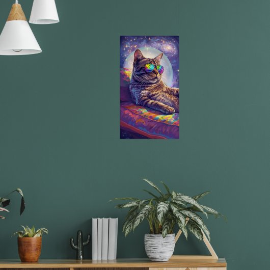 Kosmische Cat Chillin' in Rainbow Shades Art Poster (Woonkamer 1)