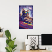 Kosmische Cat Chillin' in Rainbow Shades Art Poster (Thuiskantoor)