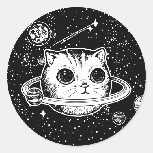 Kosmische Cat planeet, zwart en wit Ronde Sticker (Voorkant)