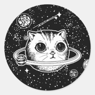 Kosmische Cat planeet, zwart en wit Ronde Sticker