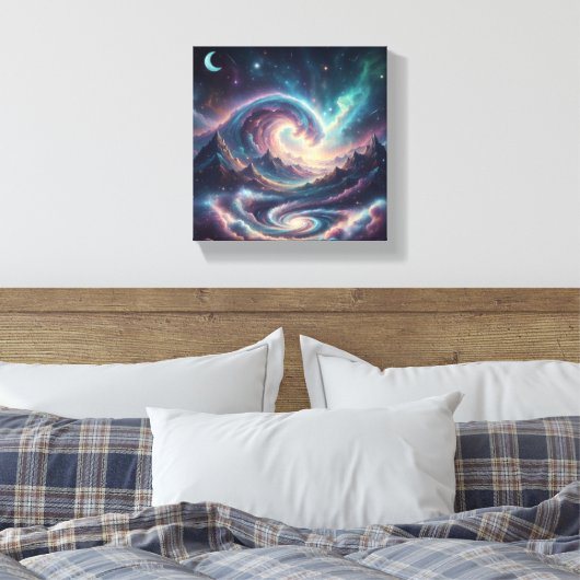 Kosmische Celestial Waves Wall Art | Maan en oceaa Canvas Afdruk (Insitu (Slaapkamer))