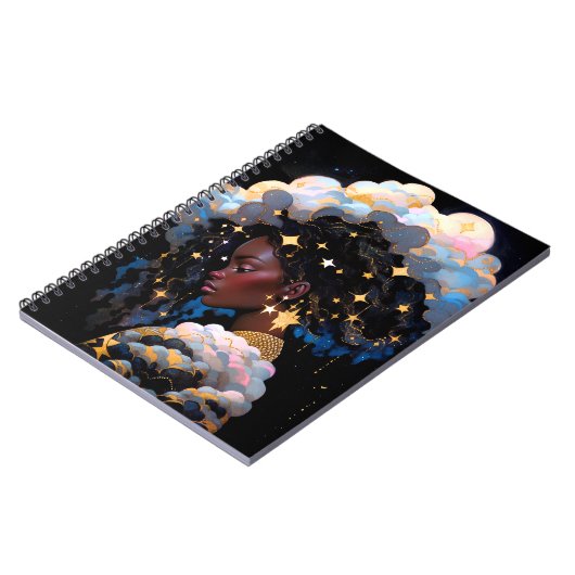 Kosmische Dame Afro-Amerikaanse Fantasy Kunst Notitieboek (Linkerzijde)