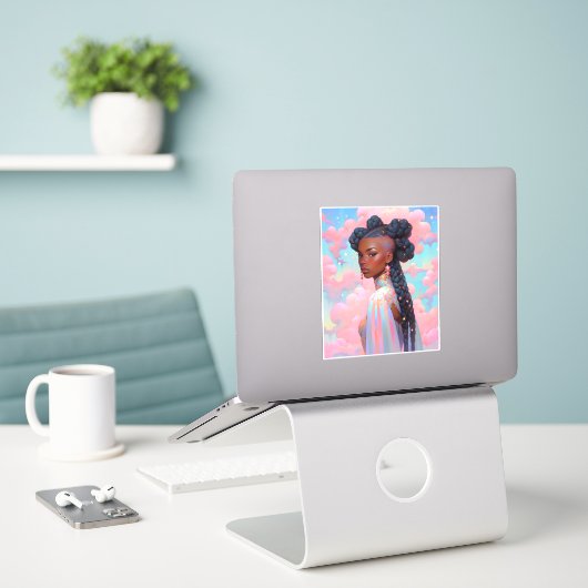 Kosmische Dame Afro-Amerikaanse Fantasy Kunst Sticker (Laptop op bureau)