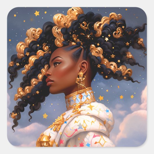Kosmische Dame Afro-Amerikaanse Fantasy Kunst Vierkante Sticker (Voorkant)