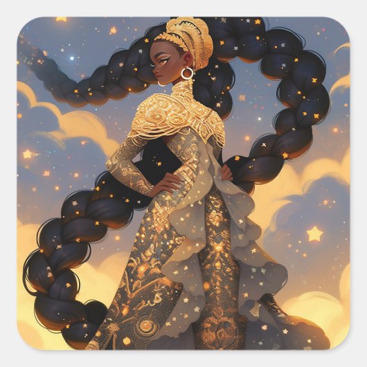 Kosmische Dame Afro-Amerikaanse Fantasy Kunst Vierkante Sticker (Voorkant)